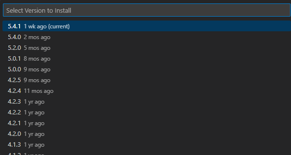 Captura de ecrã a mostrar versões diferentes da versão mais recente do Visual Studio Code.